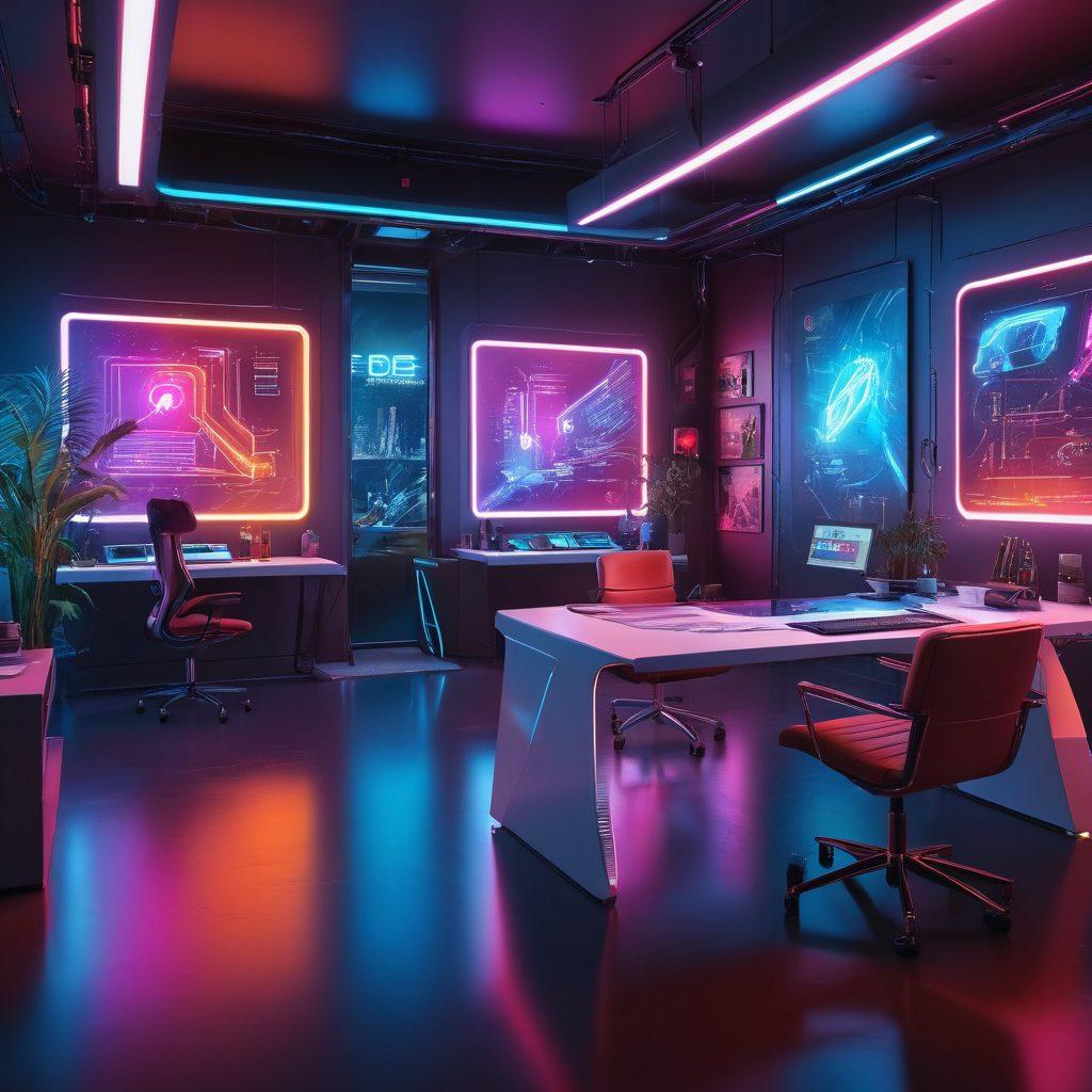 A futuristic workspace filled with innovative design tools and creative technology, featuring holographic displays showcasing artistic concepts. In the background, a sleek robot assists a diverse group of designers collaborating on futuristic projects. The ambiance is vibrant with neon lights and modern furniture, symbolizing the fusion of technology and creativity. super-realistic. vibrant colors. cyberpunk.