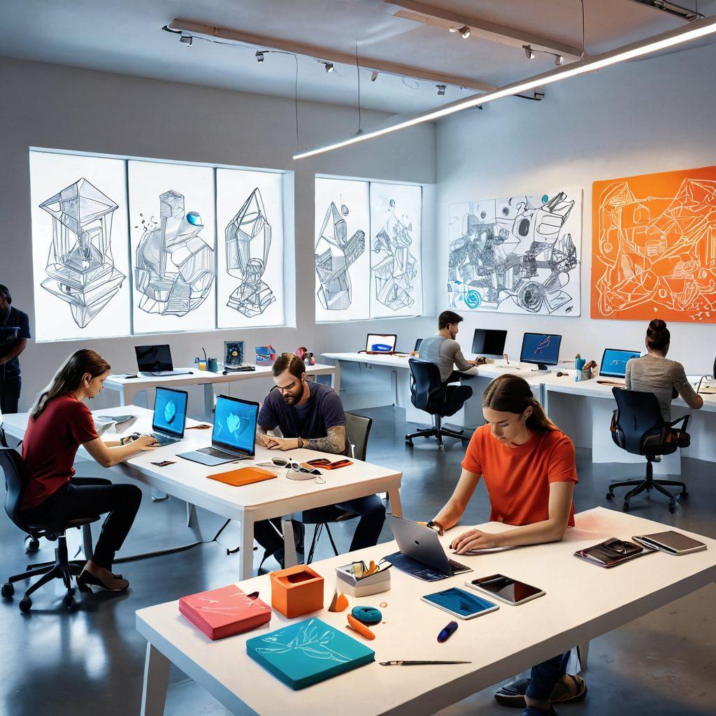 A dynamic illustration showcasing a blend of design and technology, featuring a futuristic workspace where artisans mix digital tools and traditional craft. Include bright colors and abstract shapes symbolizing creativity, with elements like 3D printed objects, sketching tablets, and digital screens glowing with innovative designs. A diverse group of individuals collaborating with enthusiasm, surrounded by artistic chaos. super-realistic. vibrant colors. clean white background.