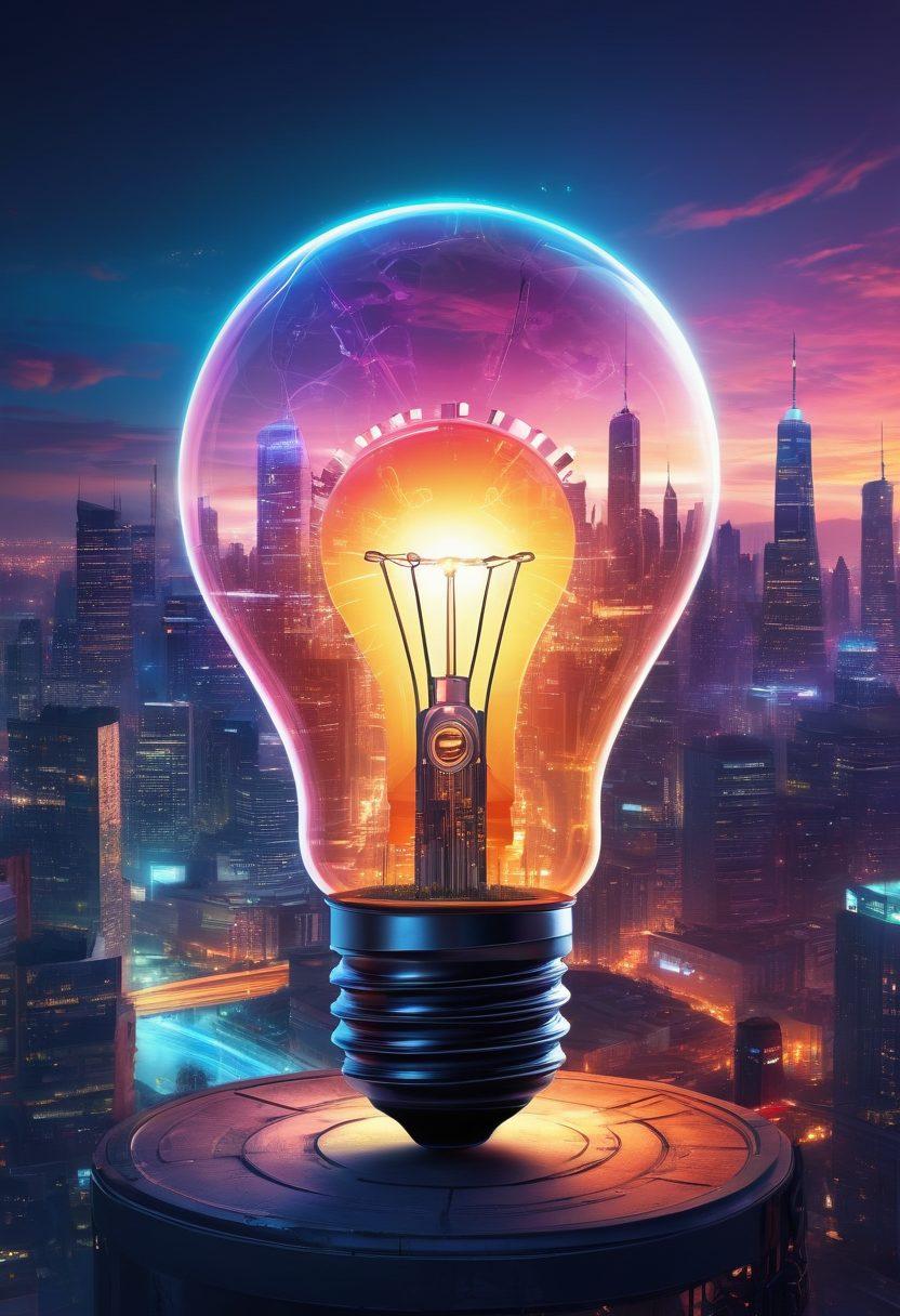 A bright light bulb symbolizing innovative ideas above a city skyline, where gears and digital elements blend seamlessly to illustrate the transformation of concepts into reality. Include diverse individuals collaborating, sketching plans, and using technology in a futuristic setting, showcasing creativity and teamwork. vibrant colors. cyberpunk style.